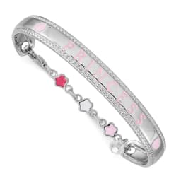 Rhodium Over Sterling Silver Enamel and Crystal PRINCESS with Chain Baby Bangle