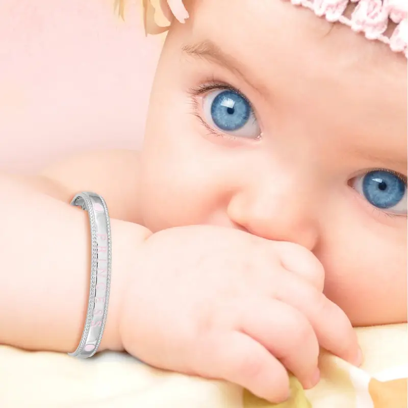 Rhodium Over Sterling Silver Enamel and Crystal PRINCESS with Chain Baby Bangle