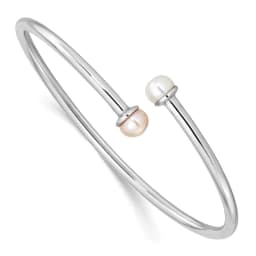 Sterling Silver Rhodium-finished 5-5.5mm Pink and White Flexible Children's Bangle