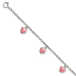 Sterling Silver Rhod-finished Childs Enamel Hearts 5.5in w/.5in ext Bracelet