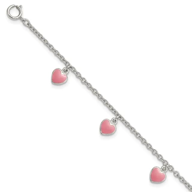 Sterling Silver Rhod-finished Childs Enamel Hearts 5.5in w/.5in ext Bracelet