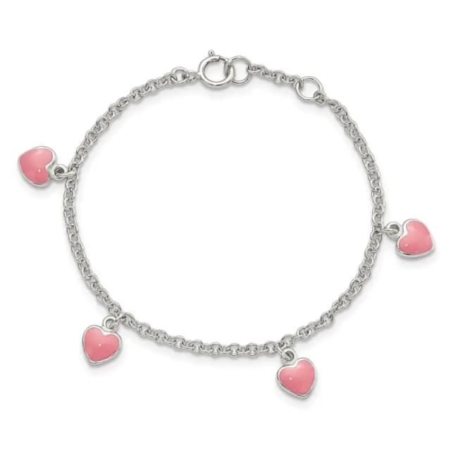 Sterling Silver Rhod-finished Childs Enamel Hearts 5.5in w/.5in ext Bracelet