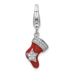 Amore La Vita Sterling Silver Rhodium-finished Polished CZ Enameled Christmas Stocking Charm with Fancy Lobster Clasp