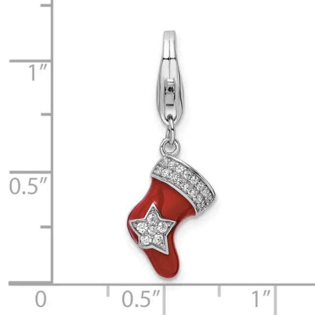 Amore La Vita Sterling Silver Rhodium-finished Polished CZ Enameled Christmas Stocking Charm with Fancy Lobster Clasp
