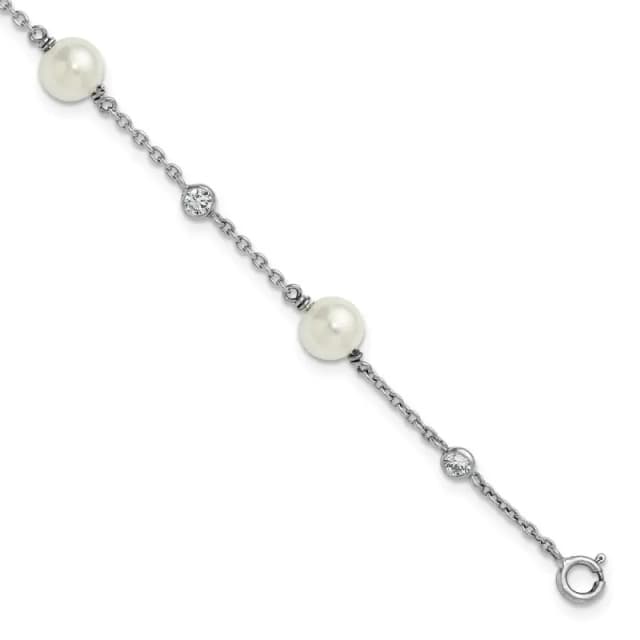 Sterling Silver Rhodium-finished Polished CZ and Shell Pearl 8-Station 7 inch with 0.5 inch Extender Bracelet