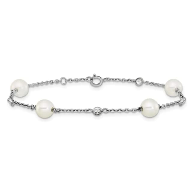 Sterling Silver Rhodium-finished Polished CZ and Shell Pearl 8-Station 7 inch with 0.5 inch Extender Bracelet