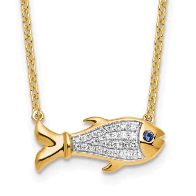 14k 1/6 carat Lab Grown Diamond VS/SI+ G+ and Created Sapphire Fish 18 inch Necklace