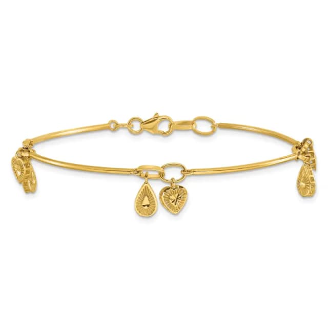 14K Polished and Diamond-cut Heart Charm Bracelet