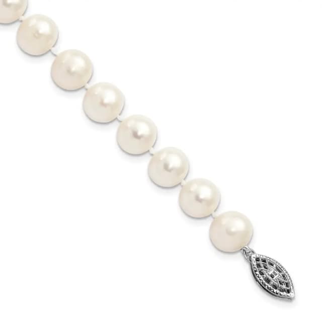 Sterling Silver Rhodium-finished 8-9mm White Near Round Freshwater Cultured Pearl 8.25 inch Bracelet