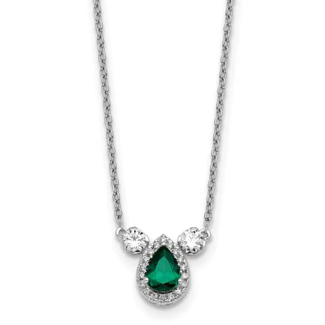 14k White Gold 1/2 carat Lab Grown Diamond VS/SI+ G+ and Created Emerald Three Stone 16 inch Necklace