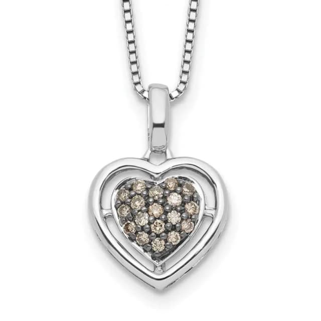 White Night Sterling Silver Rhodium-finished Champagne Diamond Heart 18 Inch Necklace with 2 Inch Extender