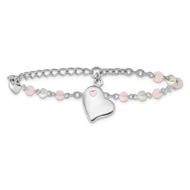 Sterling Silver Rh-finished Crystal FWC Pearl Enamel Dangle Heart w/1 in. ext Bracelet