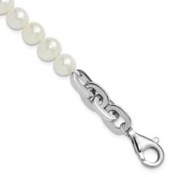 Sterling Silver Rhodium-finished 7-8mm Round White Freshwater Cultured Pearl and Link 8 inch Bracelet