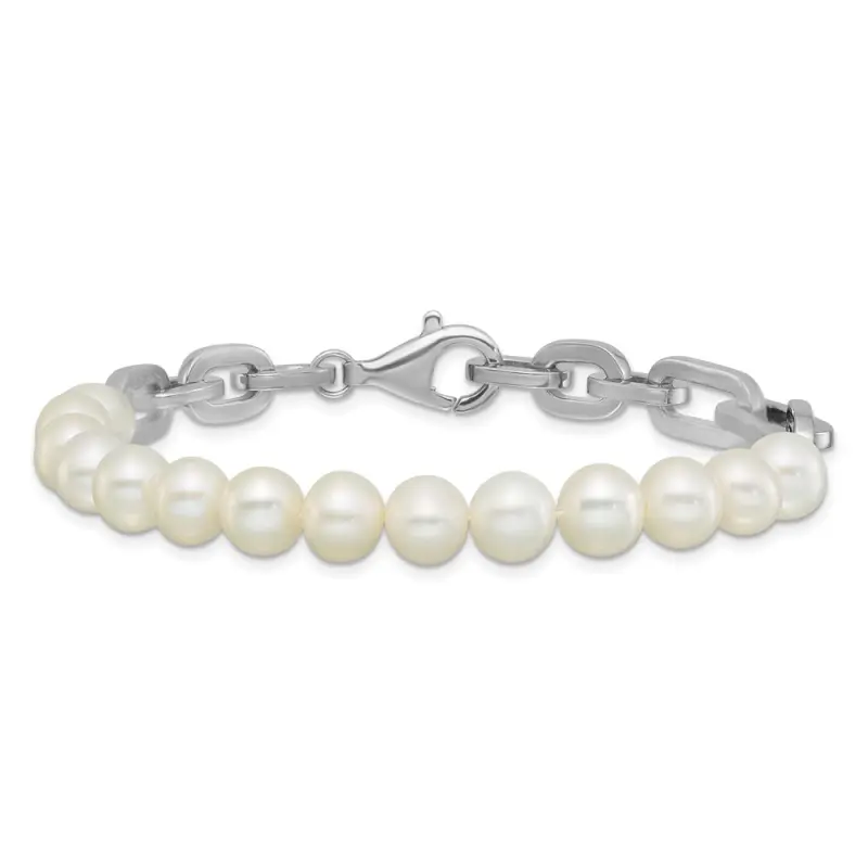Sterling Silver Rhodium-finished 7-8mm Round White Freshwater Cultured Pearl and Link 8 inch Bracelet