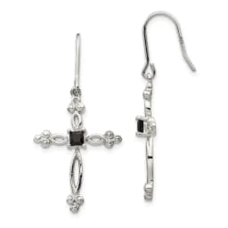 Sterling Silver Rhodium-finished Polished Diamond Accent & Black CZ Budded Cross Dangle Earrings