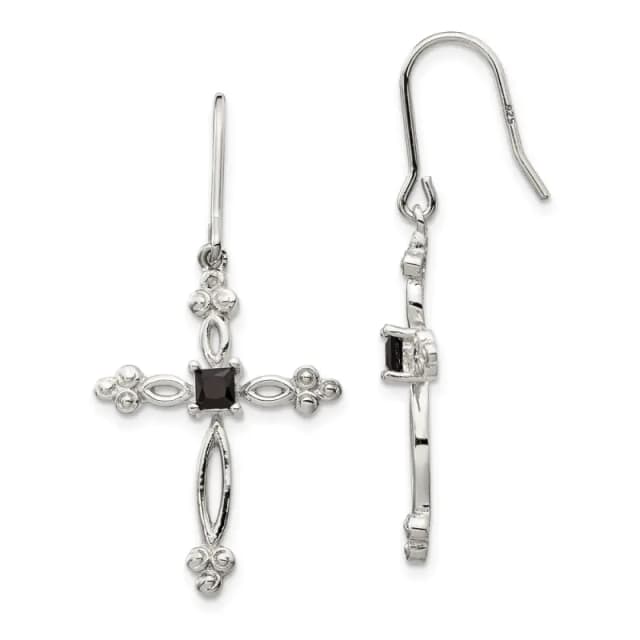 Sterling Silver Rhodium-finished Polished Diamond Accent & Black CZ Budded Cross Dangle Earrings