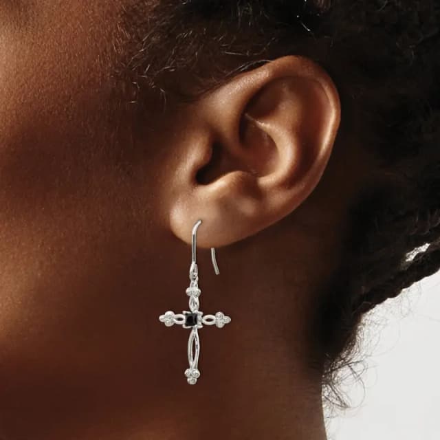 Sterling Silver Rhodium-finished Polished Diamond Accent & Black CZ Budded Cross Dangle Earrings