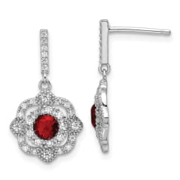 Sterling Silver Rhodium Finished Red Glass and Clear CZ Vintage Dangle Post Earring