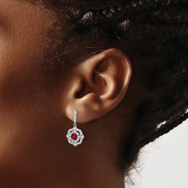 Sterling Silver Rhodium Finished Red Glass and Clear CZ Vintage Dangle Post Earring