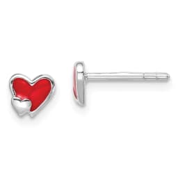 Sterling Silver Rhodium Finished Polished Red Enameled Double Heart Children's Post Earrings