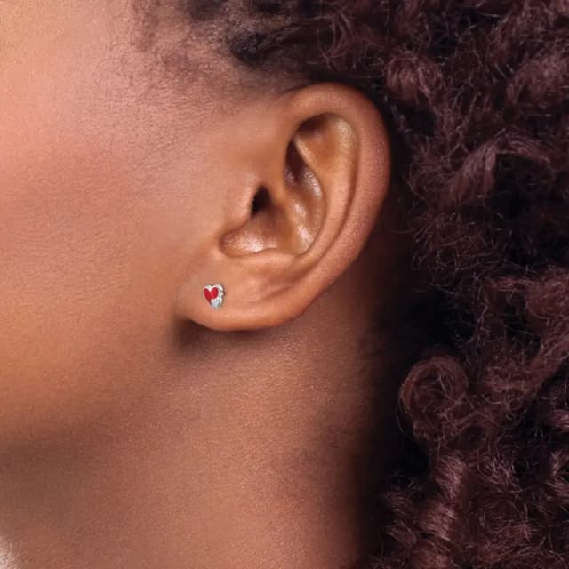 Sterling Silver Rhodium Finished Polished Red Enameled Double Heart Children's Post Earrings