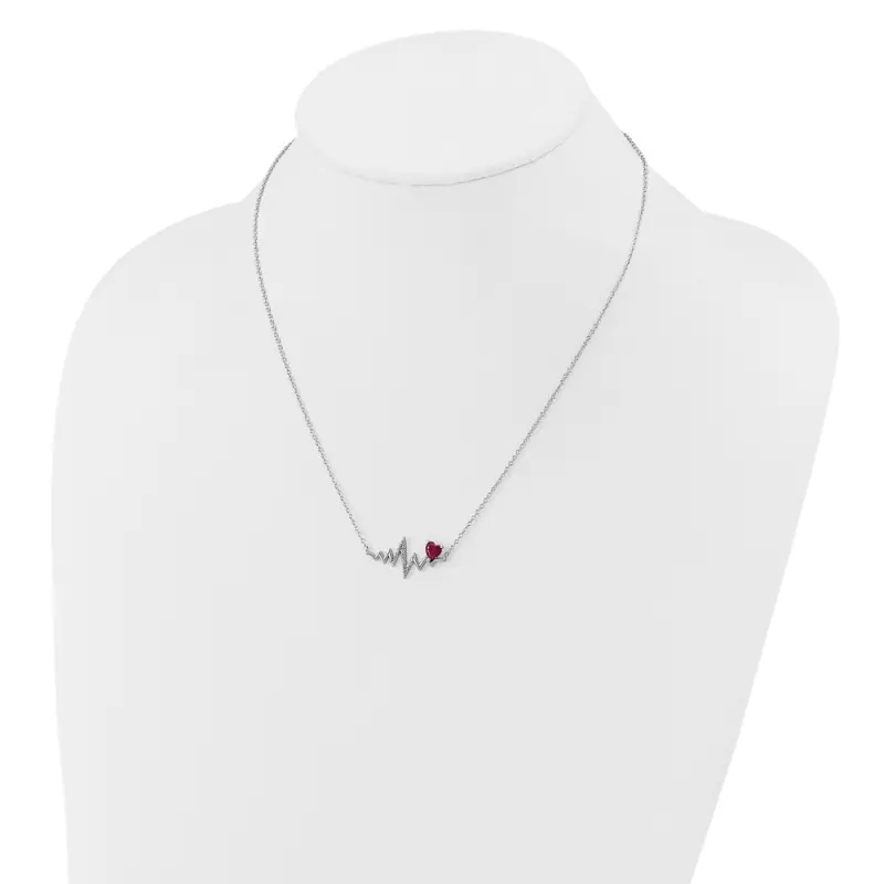 Cheryl M Sterling Silver Rhodium Finished Polished Lab Created Ruby and CZ Heartbeat Necklace