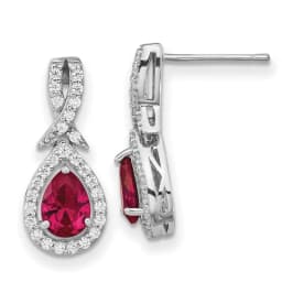Cheryl M Sterling Silver Rhodium finished Brilliant-cut Lab Created Ruby and Brilliant-cut White CZ Teardrop Post Dangle Earrings