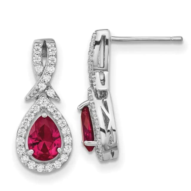 Cheryl M Sterling Silver Rhodium finished Brilliant-cut Lab Created Ruby and Brilliant-cut White CZ Teardrop Post Dangle Earrings