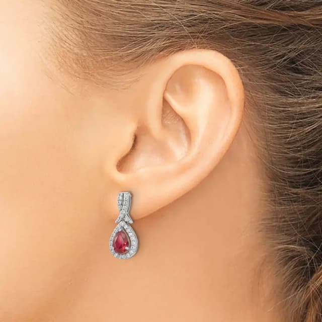 Cheryl M Sterling Silver Rhodium finished Brilliant-cut Lab Created Ruby and Brilliant-cut White CZ Teardrop Post Dangle Earrings