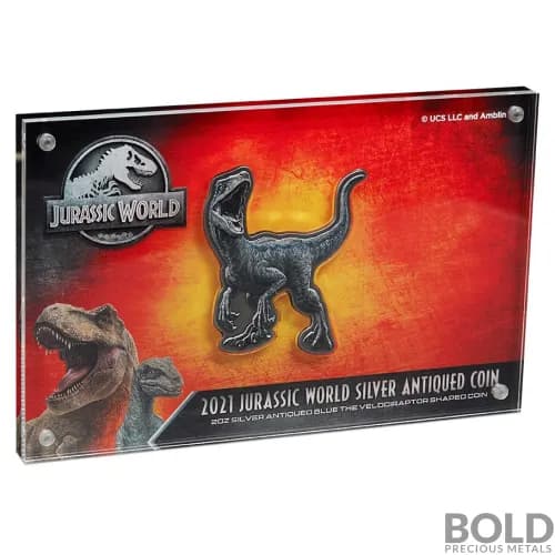 2021 Niue Jurassic World Velociraptor Shape 2 oz Silver Antiqued