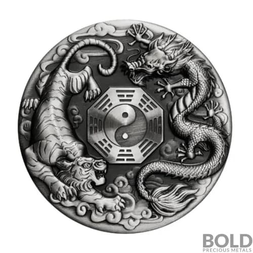 2021 Tuvalu Dragon and Tiger Antiqued 2 oz Silver