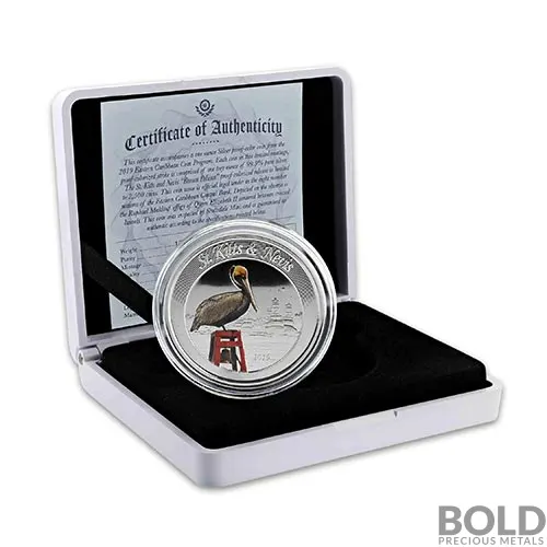 2019 EC8 St Kitts & Nevis Brown Pelican 1 oz Silver Proof (Colored)