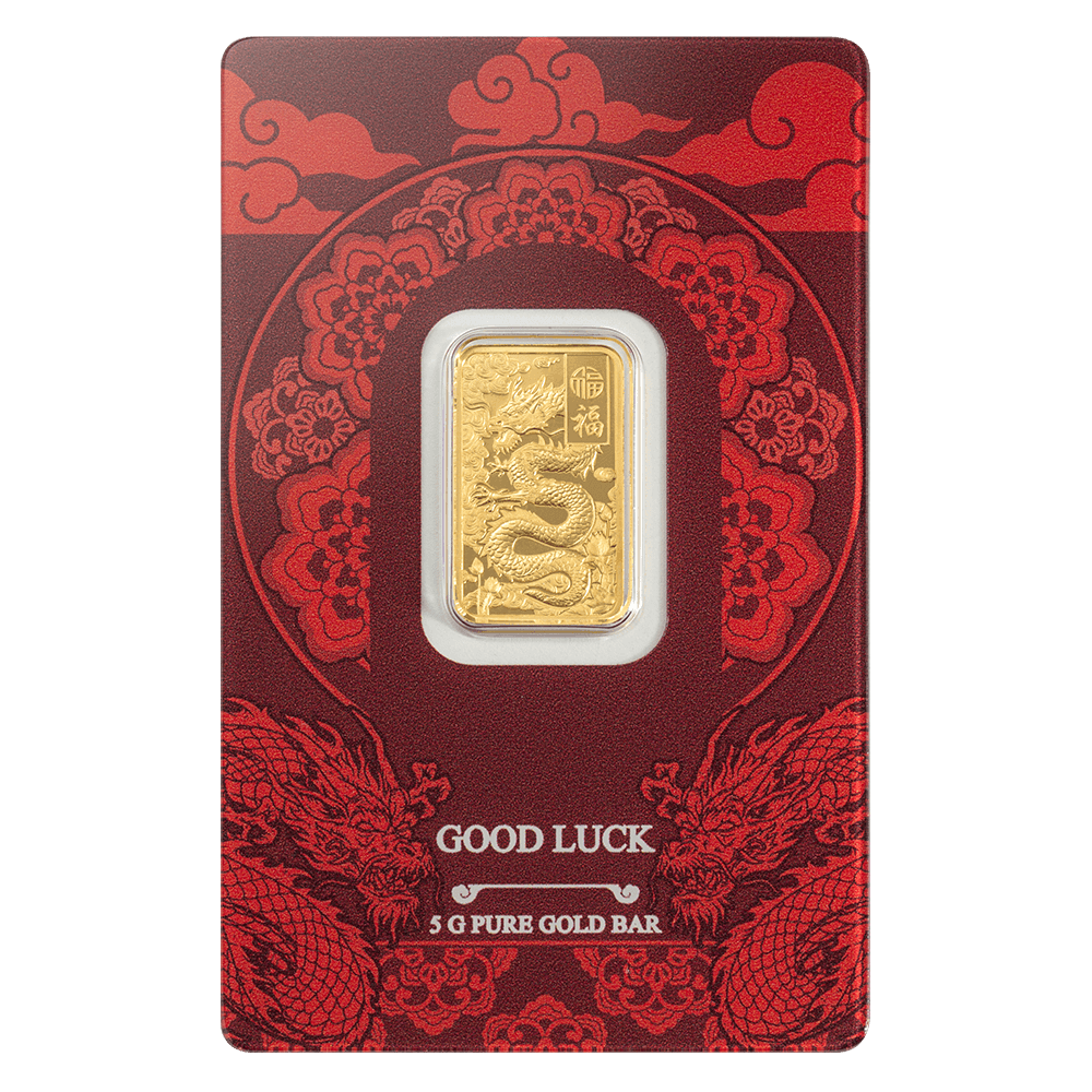 5 Gram PAMP Good Luck Yellow Dragon Gold Bar